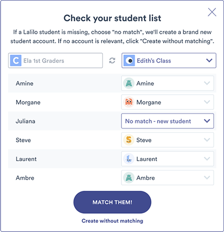 A list of students that can be matched. The 'MATCH THEM' button is at the bottom.