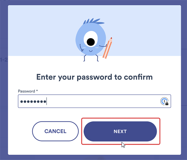A password has been entered in the Password field; the Next button is at the bottom.