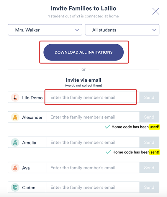 The invitation window, with the DOWNLOAD ALL INVITATIONS button at the top, and fields to enter parents' email addresses for each student below.