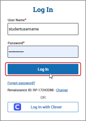 The Renaissance login page, with fields for the student to enter their user name and password. The 'Log In' button is circled.