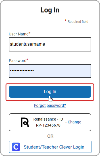 The Renaissance login page, with fields for the student to enter their user name and password. The 'Log In' button is circled.