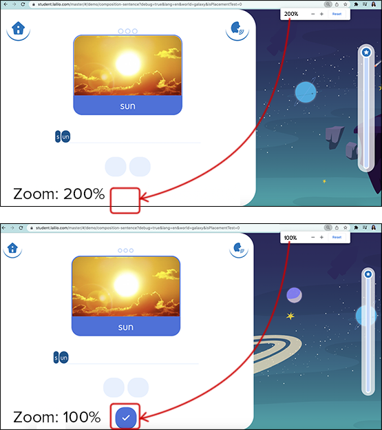 Two versions of the same screen; the upper one is zoomed to 200%, which forces part of the interface off the screen; the missing part is visible in the lower image, which is zoomed to 100%.