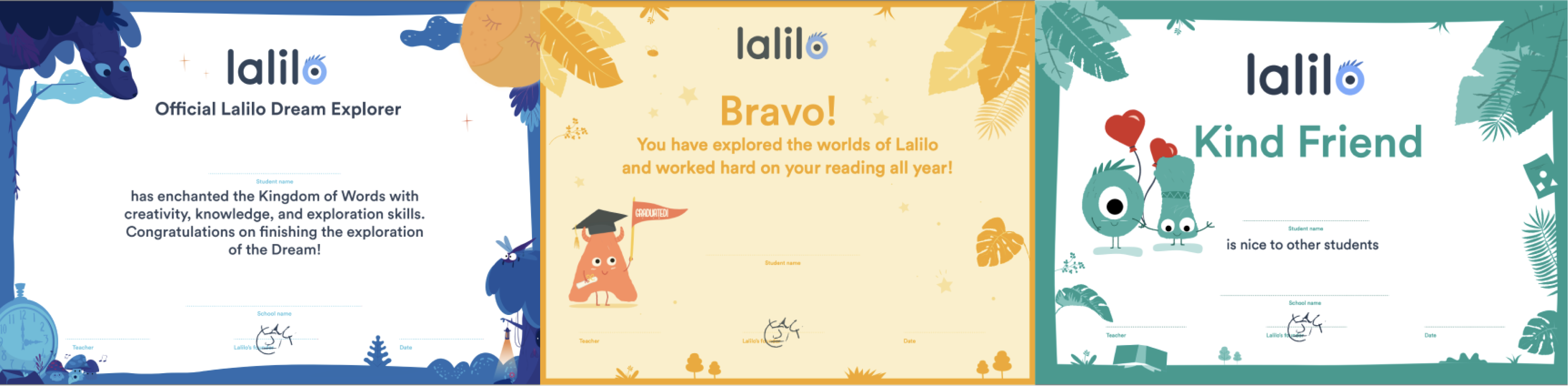 Three example diplomas: Official Lalilo Dream Explorer, Bravo!, and Kind Friend.