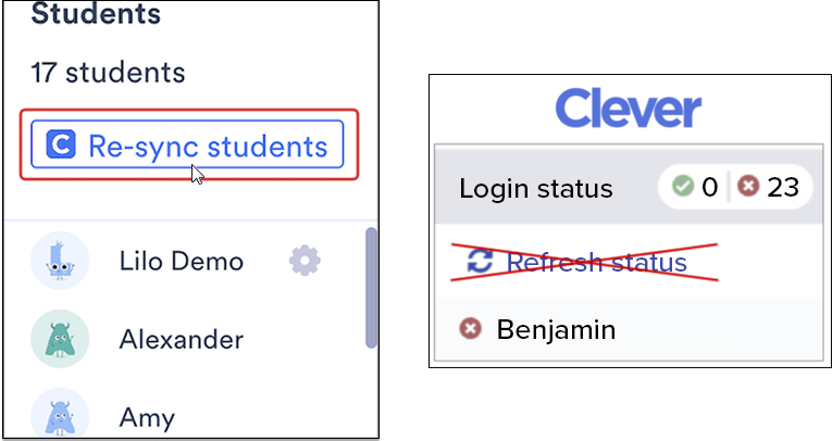 Lalilo's 'Re-sync students' is circled; Clever's 'Refresh status' is crossed out.