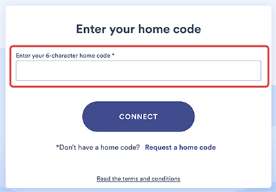 The blank field to enter the home code; the Connect button is at the bottom.