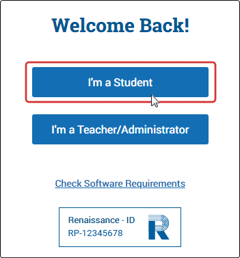 The Renaissance login page, with 'I'm a student' and 'I'm a Teacher/Administrator' buttons.