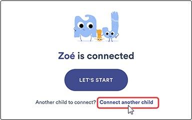 A message showing that one student is connected; the 'Connect another child' link is at the bottom.