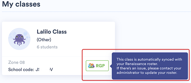 The message reads: 'This class is automatically synced with your Renaissance roster. If there's an issue, please contact your administrator to update your roster.