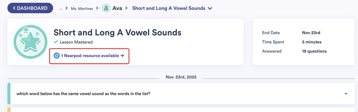 A completed lesson, Short and Long A Vowel Sounds, with an available Nearpod resource.