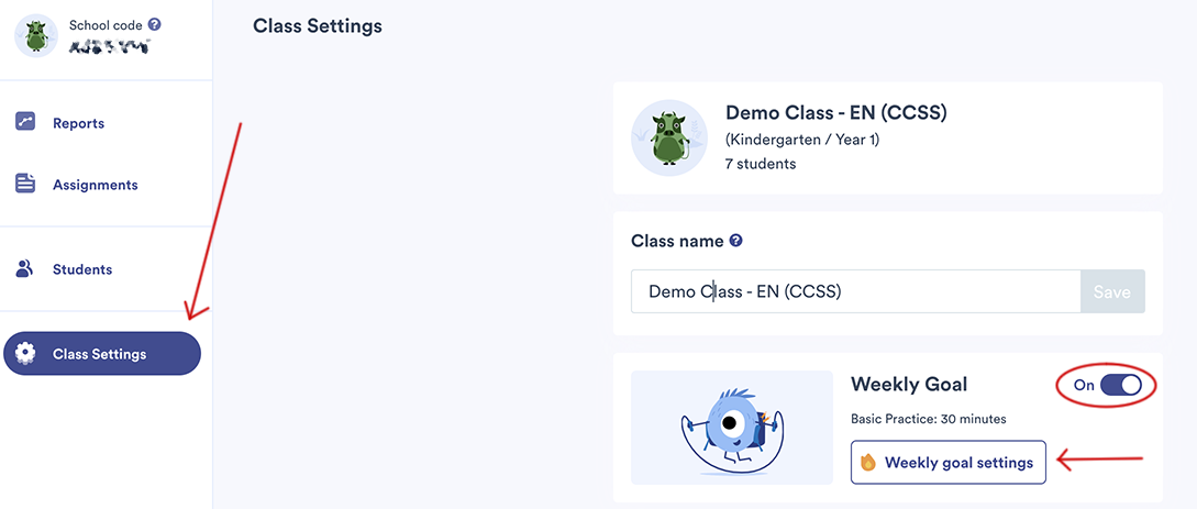 The Class Settings page, with the Weekly Goal toggle turned on and the Weekly goal settings button below it.