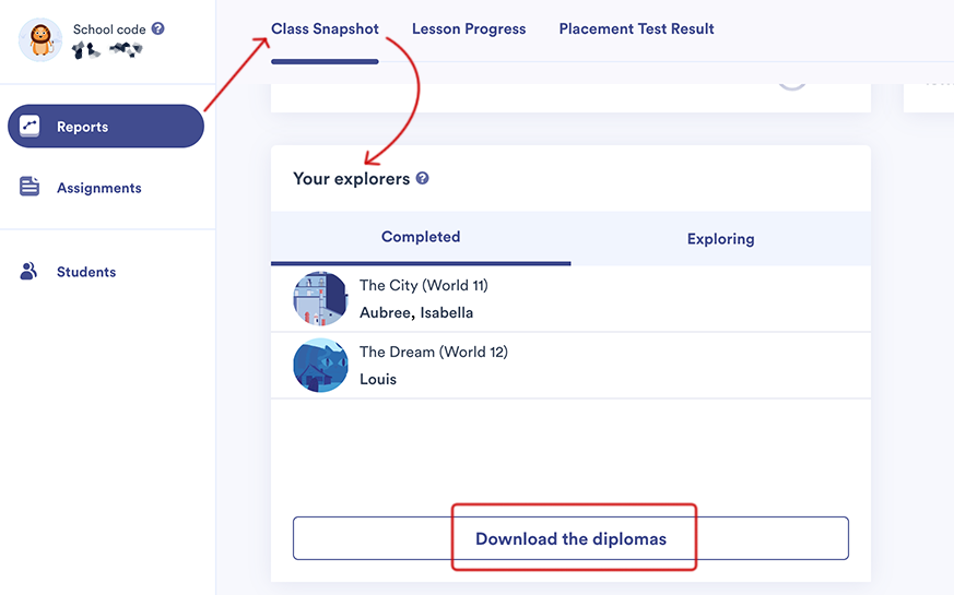 Click on the blue button ‘Reports’ in the left menu, then scroll down to the ‘Your explorers’ section at the very bottom. Below this section, there is a ‘Download the diplomas’ button.