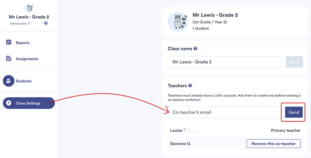 The Class Settings button on the left has been selected; the field for the teacher's email address is on the right with the Send button to the right of it.