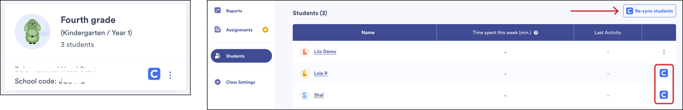 A class and a student list, with the 'C' logos and 'Re-sync students' button shown.