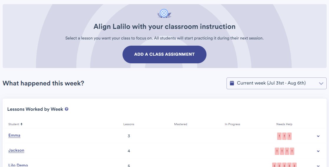 Screenshot of the class snapshot page with a button at the top that suggests adding a class assignment.