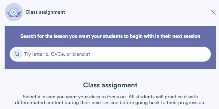 Window to assign a lesson, with a search bar to find the
      lesson to assign.