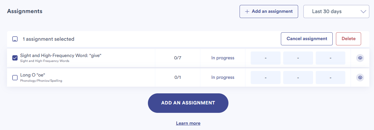List of assignments with boxes that can be ticked for each of them.