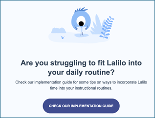 An example 'Are you struggling to fit Lalilo into your daily routine?' email.