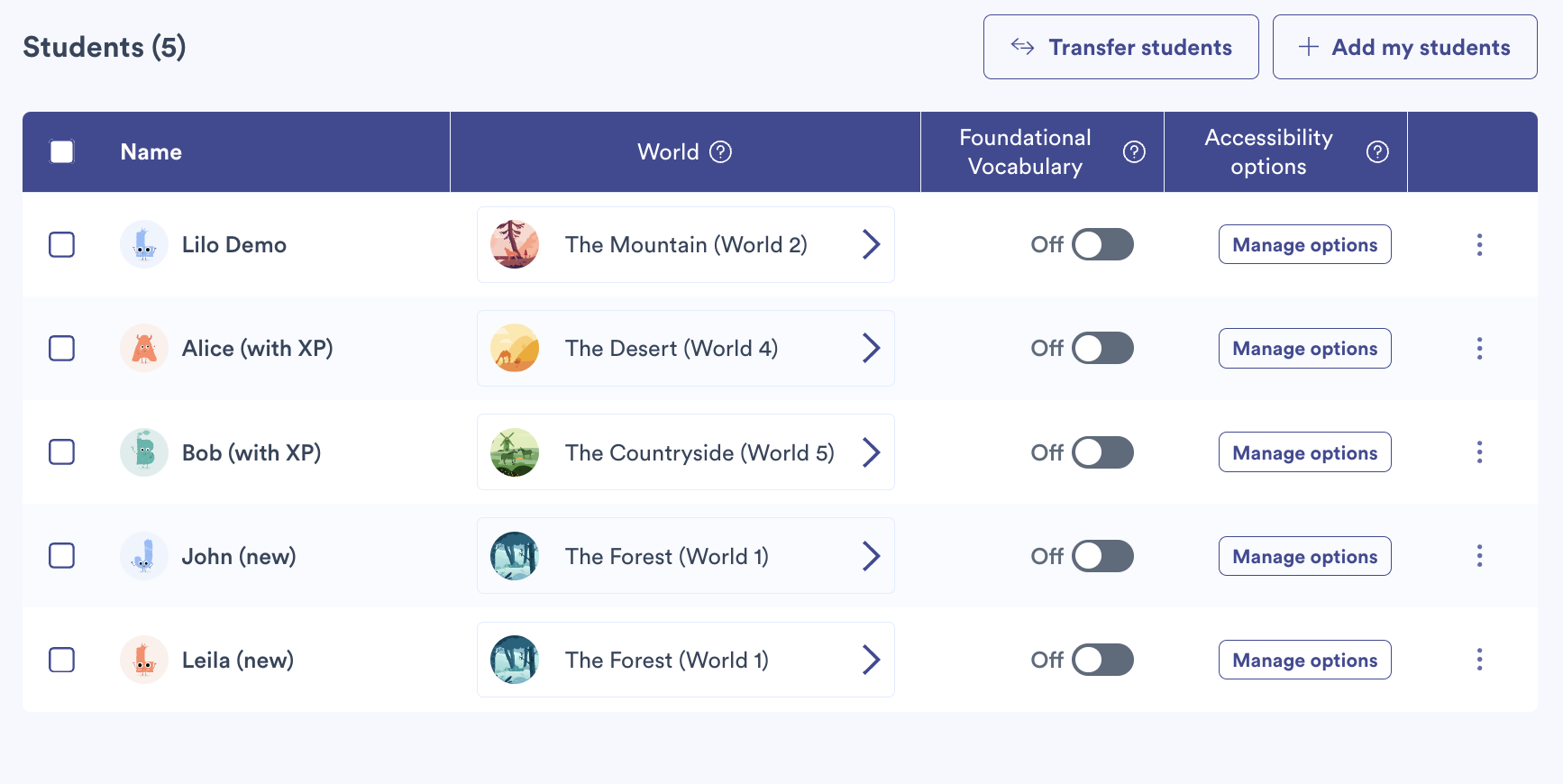 Page listing students and each one's settings, including a button to manage their accessibility settings.