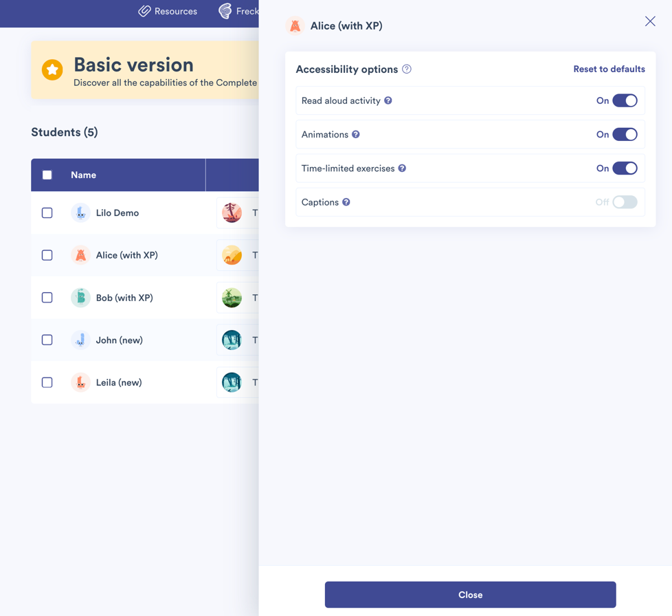 Side panel with the list of accessibility settings, each one being on or off.