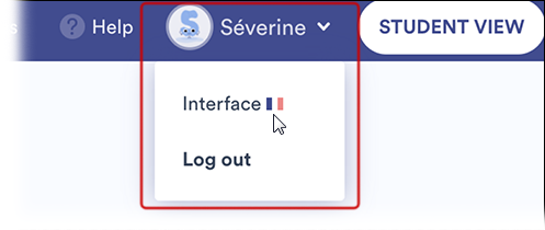 The user has selected their name; selecting the French flag will change the dashboard language from English to French.
